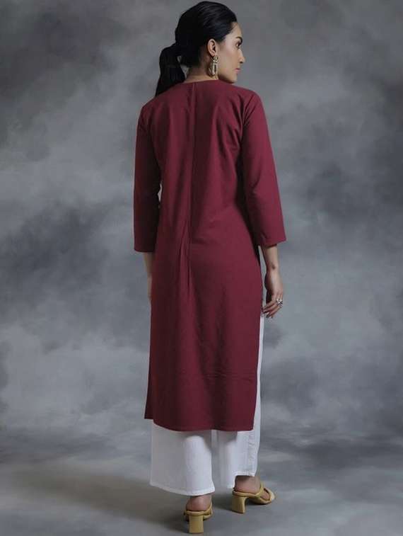 women solid three quarter sleeve straight kurta - 22035230 -  Standard Image - 3
