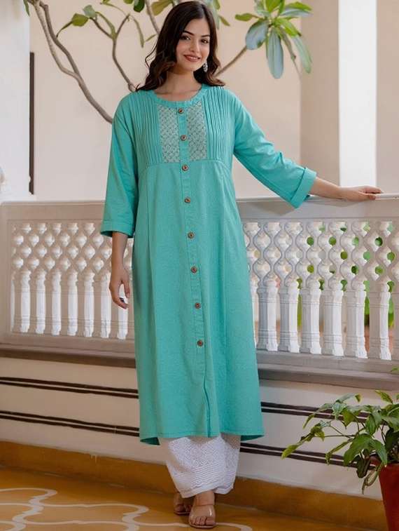 women solid three quarter sleeve straight kurta - 22035231 -  Standard Image - 3