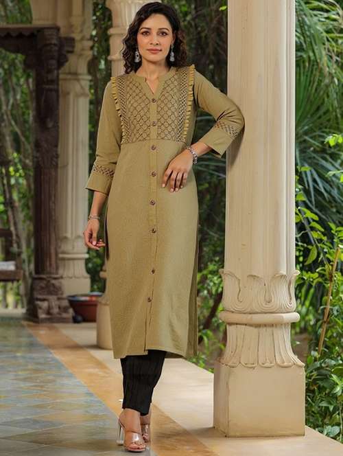 women solid three quarter sleeve straight kurta - 22035232 -  Standard Image - 0