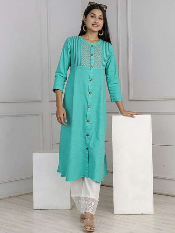 women solid three quarter sleeve straight kurta - 22035236 -  Zoom Image - 0
