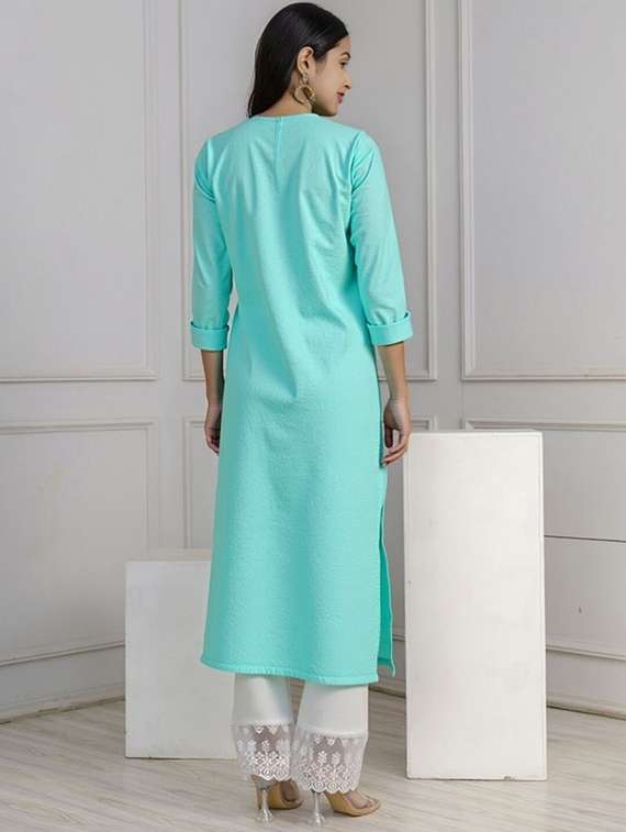 women solid three quarter sleeve straight kurta - 22035236 -  Standard Image - 3