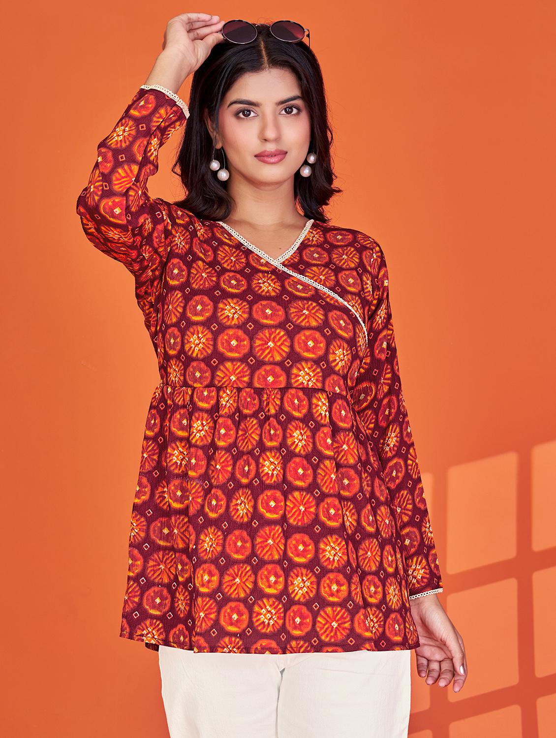 women printed long sleeve angrakha kurti - 22035264 - Zoom Image - 0