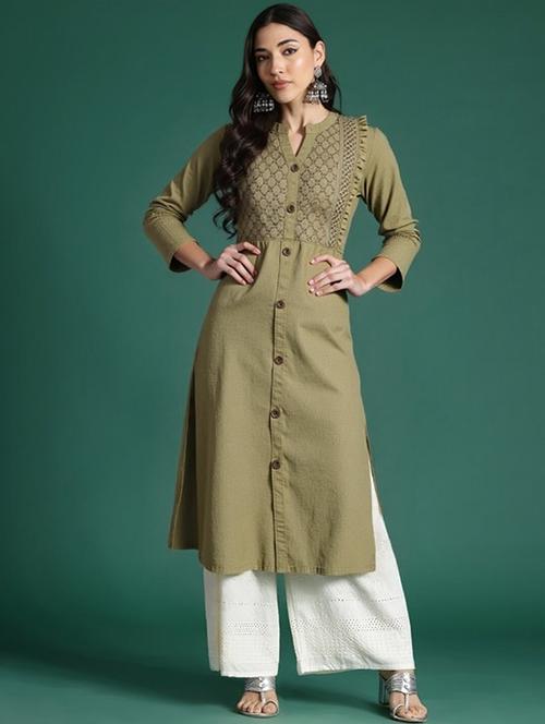 women solid three quarter sleeve straight kurta - 22035271 -  Standard Image - 0