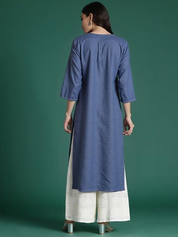 women solid three quarter sleeve straight kurta - 22035274 - Standard Image - 3