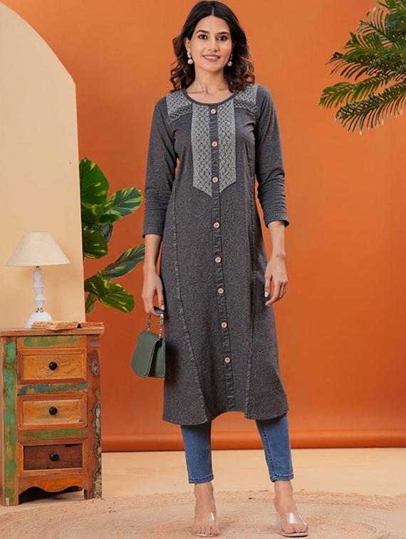 women solid three quarter sleeve straight kurta - 22035275 -  Zoom Image - 0