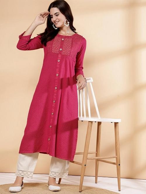 women solid three quarter sleeve straight kurta - 22035280 - Standard Image - 0