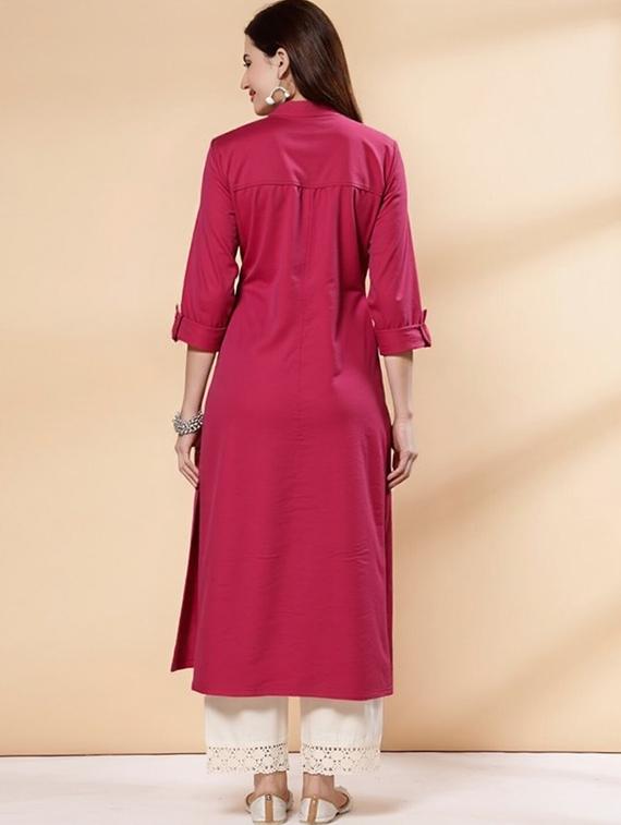 women solid three quarter sleeve straight kurta - 22035280 - Standard Image - 3
