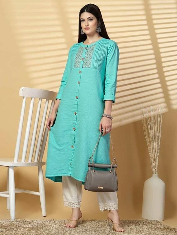 women solid three quarter sleeve straight kurta - 22035283 - Zoom Image - 0