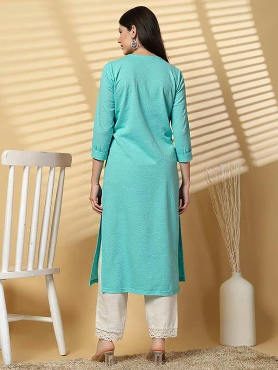 women solid three quarter sleeve straight kurta - 22035283 - Standard Image - 3
