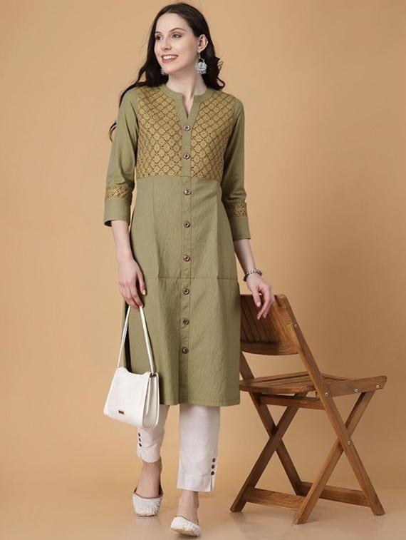 women solid three quarter sleeve straight kurta - 22035285 - Zoom Image - 0