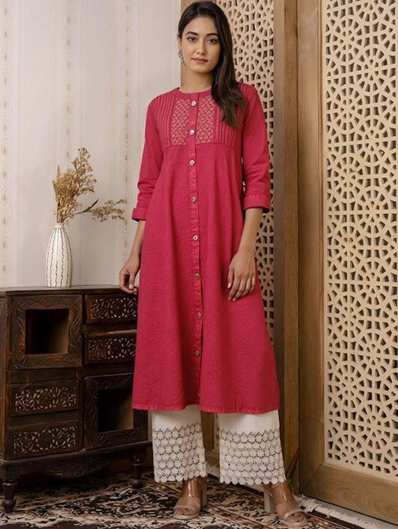 women solid three quarter sleeve a-line kurta - 22035287 -  Zoom Image - 0