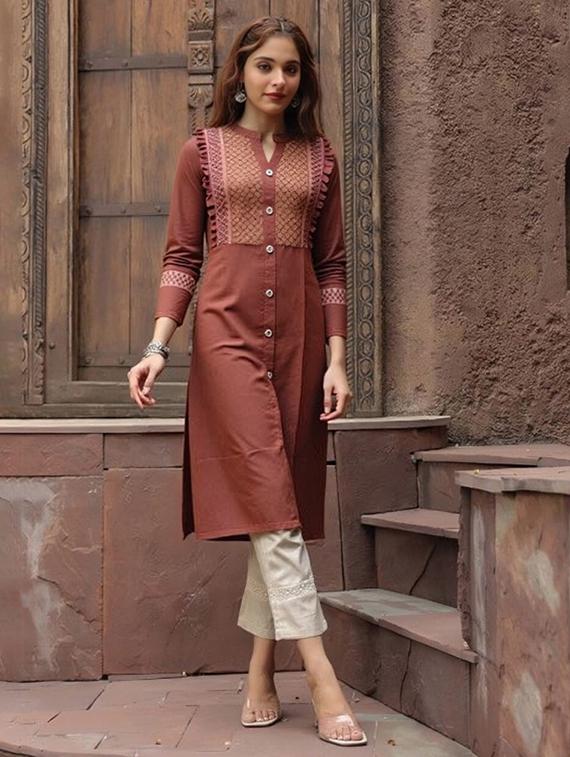 women solid three quarter sleeve straight kurta - 22035288 - Zoom Image - 0