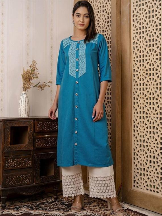 women solid three quarter sleeve straight kurta - 22035289 - Zoom Image - 0