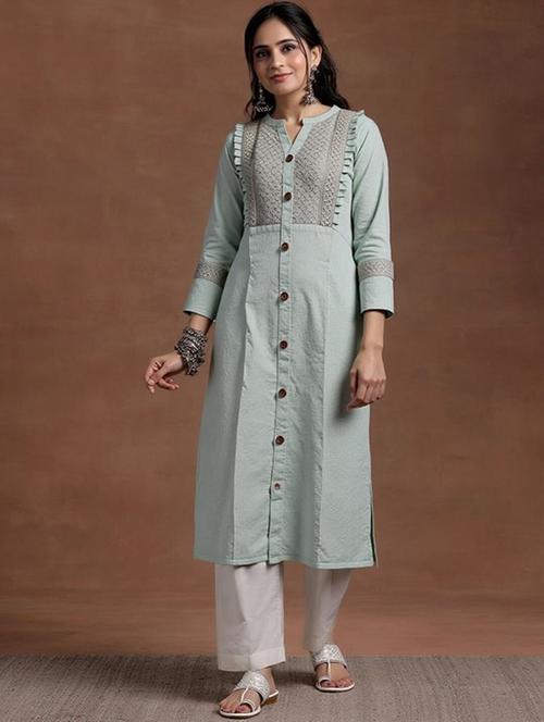 women solid three quarter sleeve straight kurta - 22035292 - Standard Image - 0