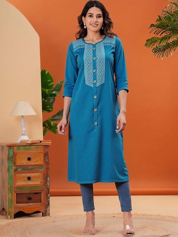 women solid three quarter sleeve straight kurta - 22035300 -  Zoom Image - 0