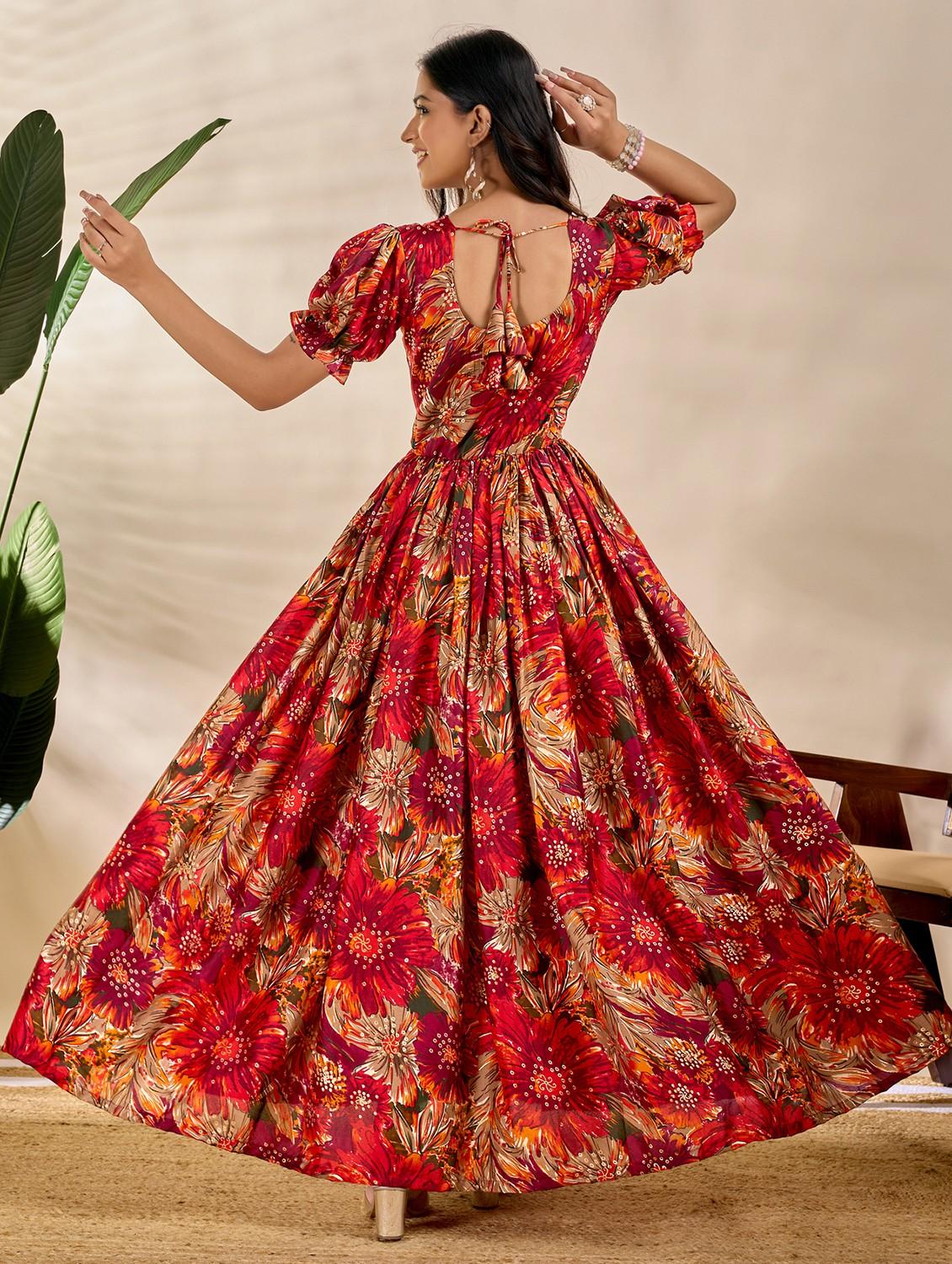 women printed puff sleeve fit & flare dress - 22035406 - Standard Image - 3
