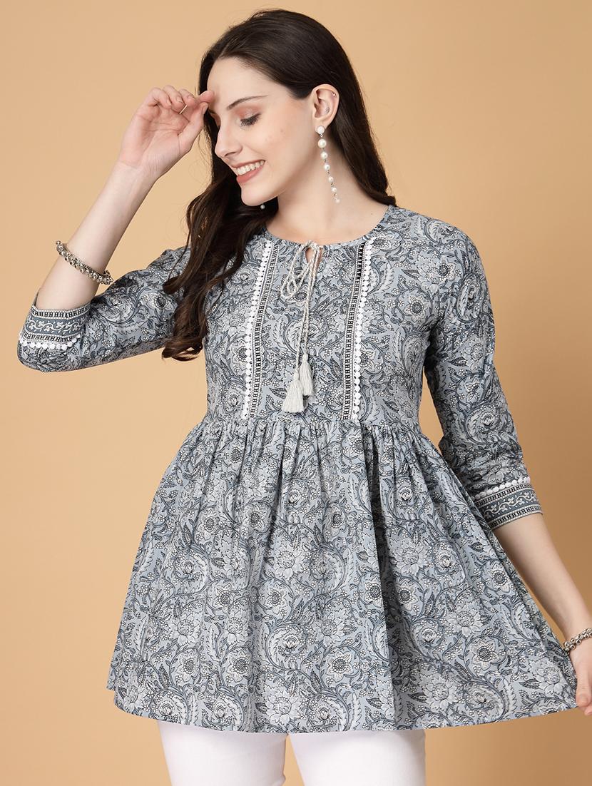 women printed three quarter sleeve flared kurti