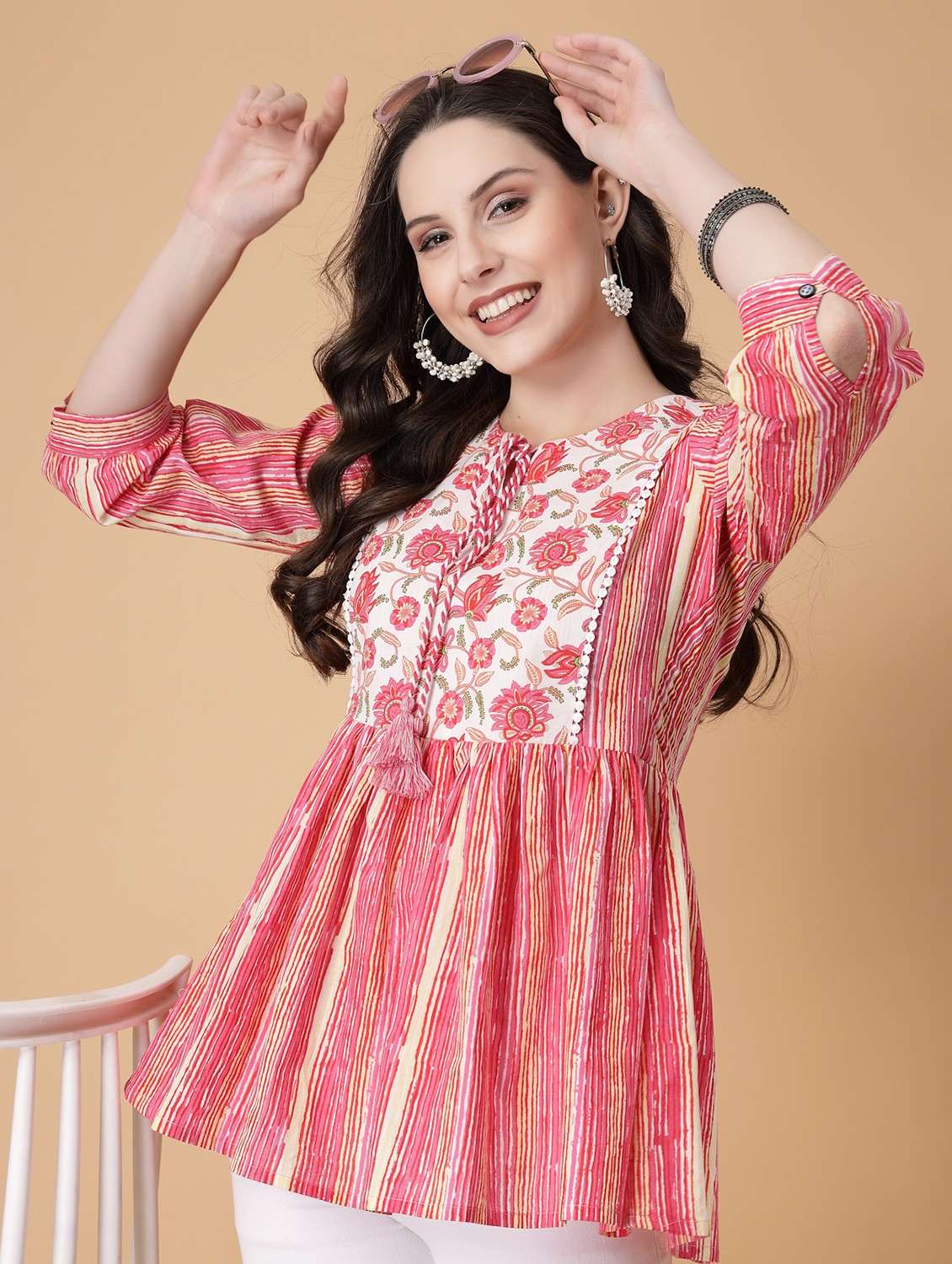 women printed three quarter sleeve flared kurti