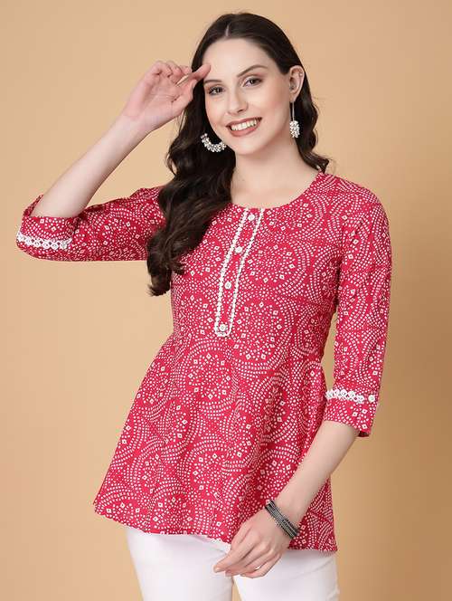 women printed three quarter sleeve a-line kurti - 22035427 -  Standard Image - 0