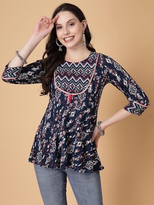 women printed three quarter sleeve a-line kurti - 22035429 -  Standard Image - 0