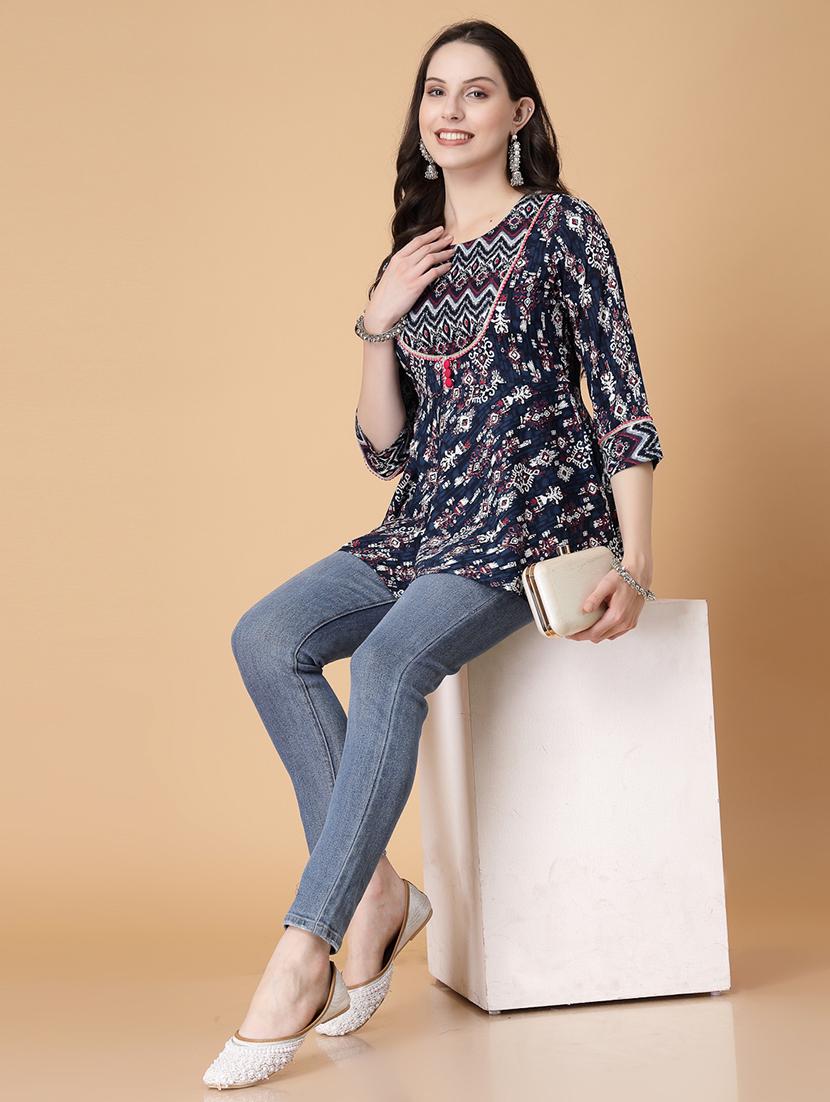 women printed three quarter sleeve a-line kurti - 22035429 - Standard Image - 5