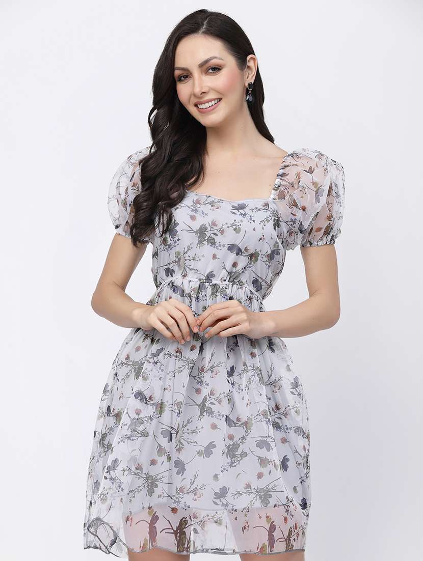 women floral print puff sleeve fit & flare dress