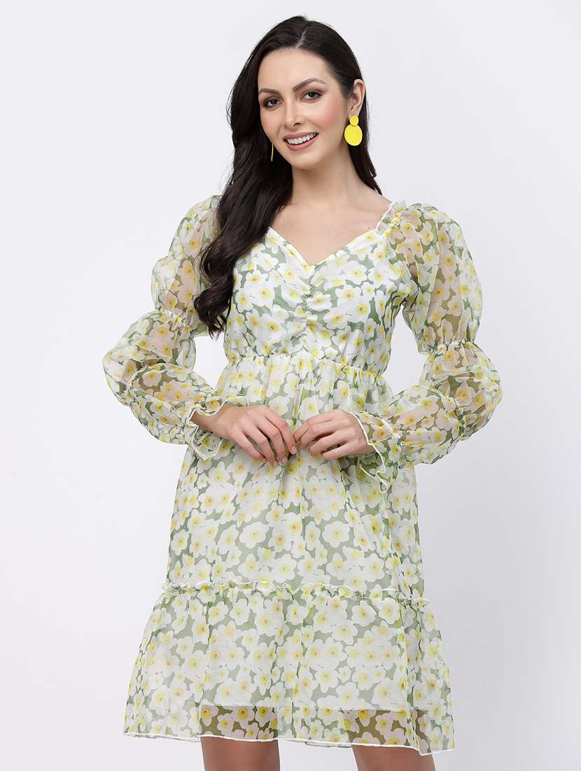 women floral print puff sleeve tiered dress