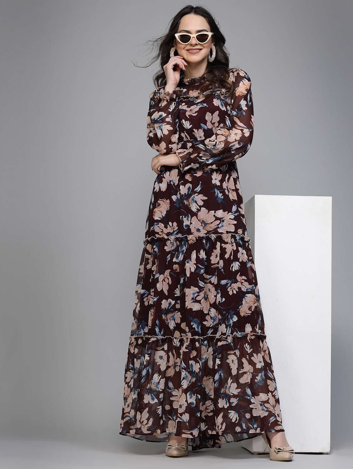 women floral print long sleeve tiered dress