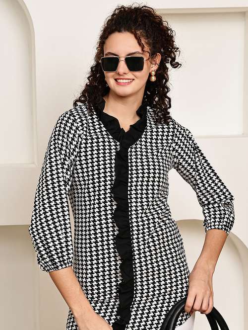 women houndstooth print v-neck regular top - 22035594 -  Standard Image - 0
