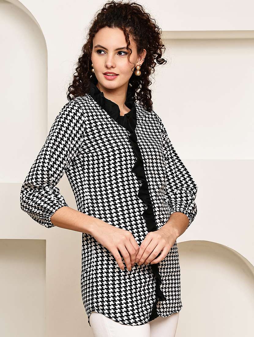 women houndstooth print v-neck regular top - 22035594 -  Standard Image - 3