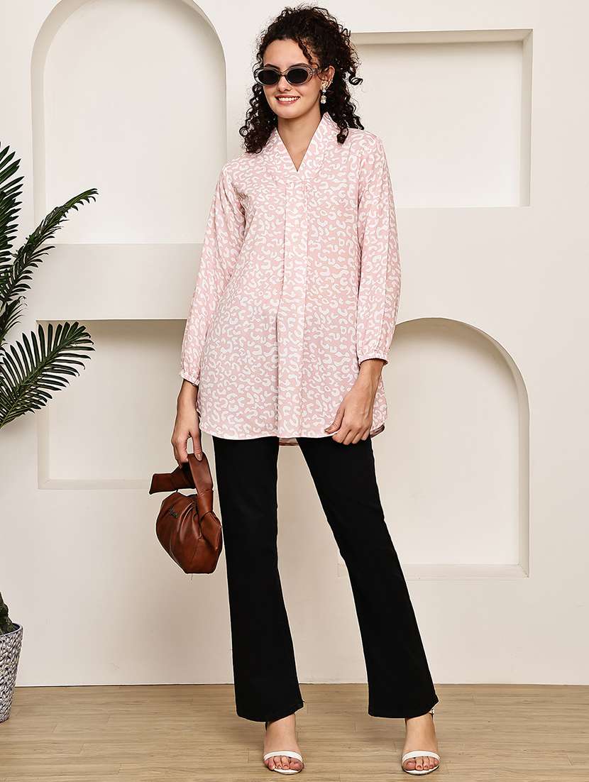 women pink animal print v-neck regular top - 22035597 - Standard Image - 5