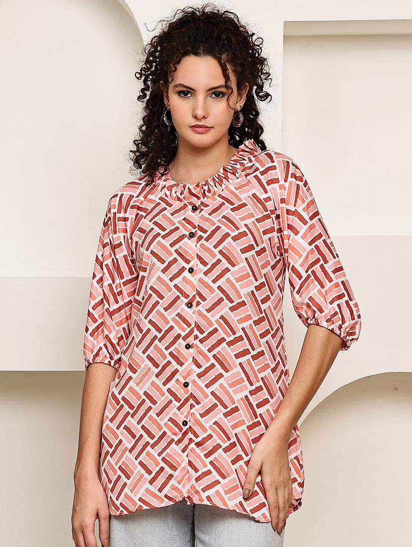 women peach printed three uarter sleeve regular top - 22035599 - Zoom Image - 0