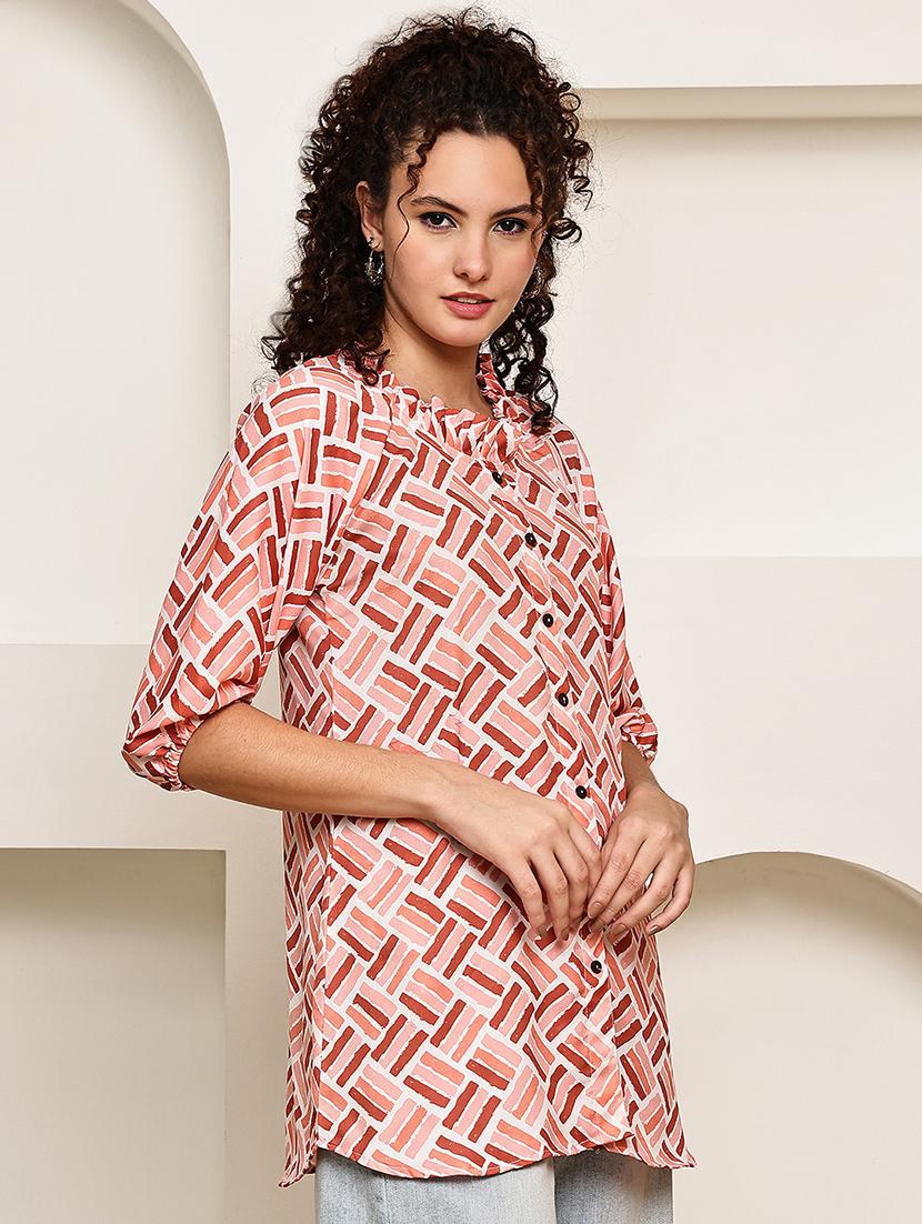 women peach printed three uarter sleeve regular top - 22035599 - Standard Image - 3