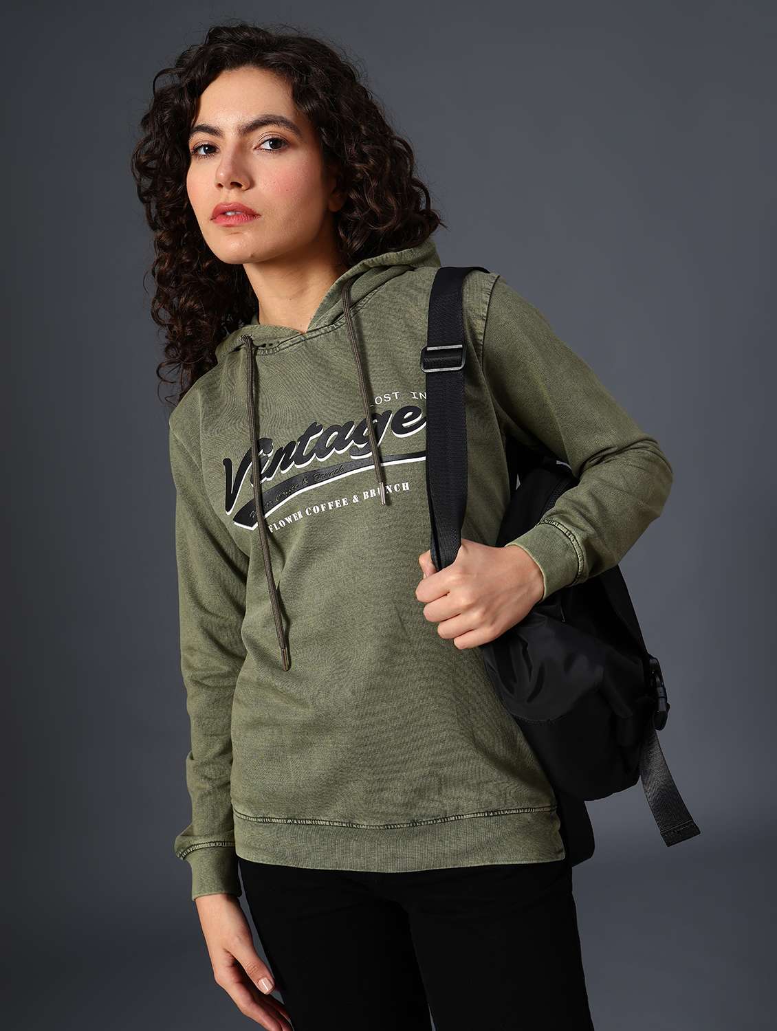 olive cotton poly blend chest print sweatshirt