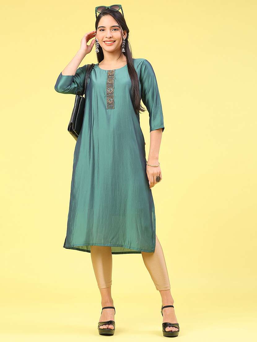 women solid with work three quarter sleeve straight kurta