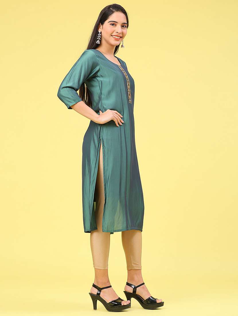 women solid with work three quarter sleeve straight kurta - 22035678 -  Standard Image - 3