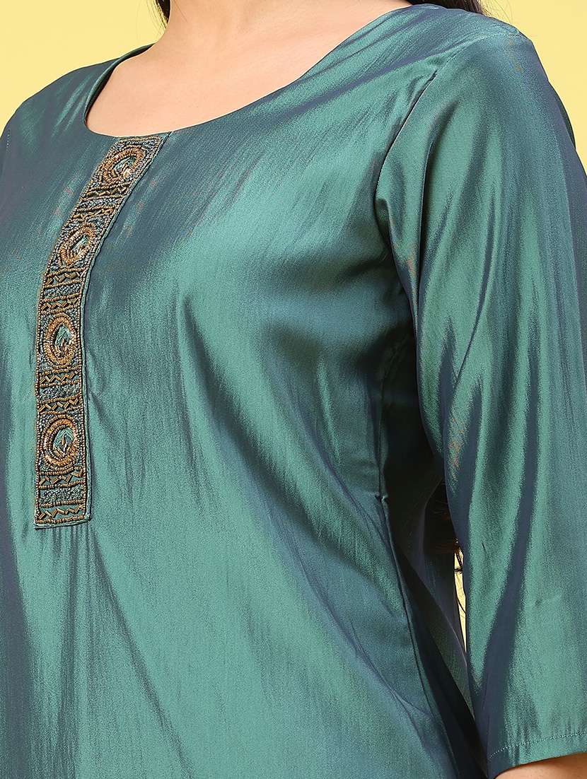women solid with work three quarter sleeve straight kurta - 22035678 -  Standard Image - 5