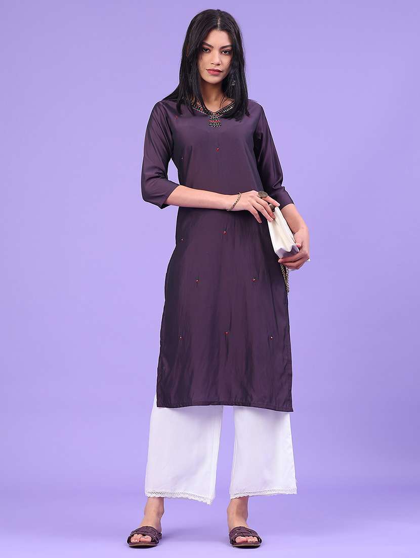 women solid with work three quarter sleeve straight kurta