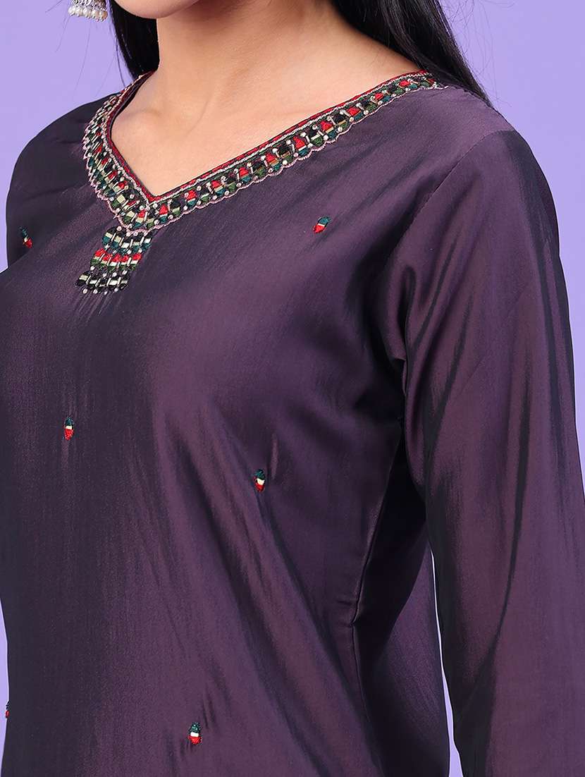 women solid with work three quarter sleeve straight kurta - 22035679 -  Standard Image - 5