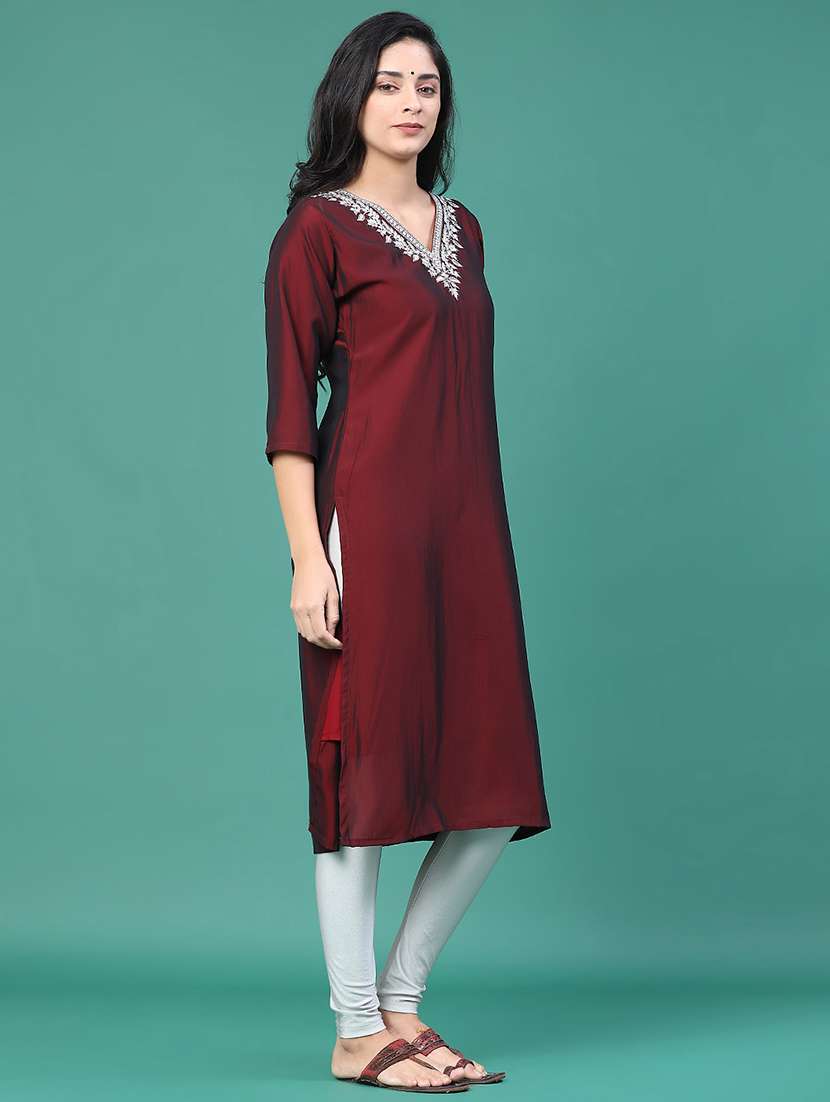 women solid with work v neck kurta legging set - 22035680 -  Standard Image - 3