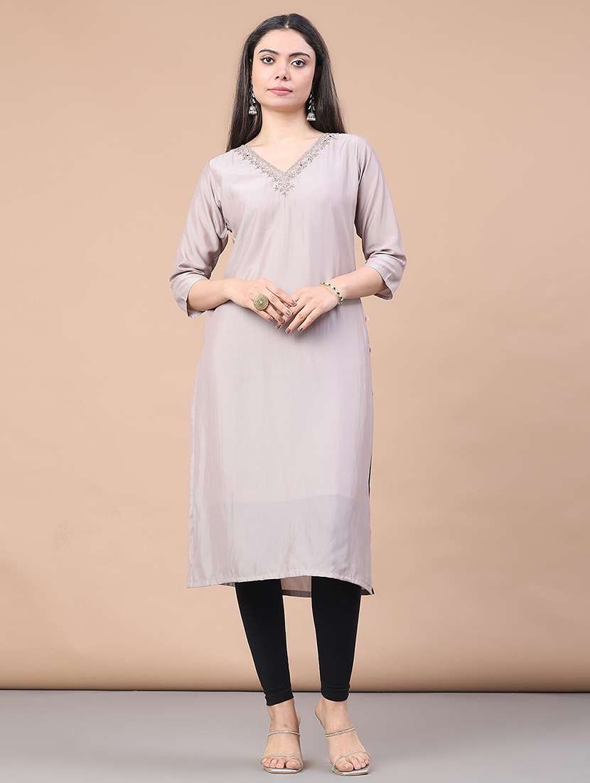 women solid with work three quarter sleeve straight kurta