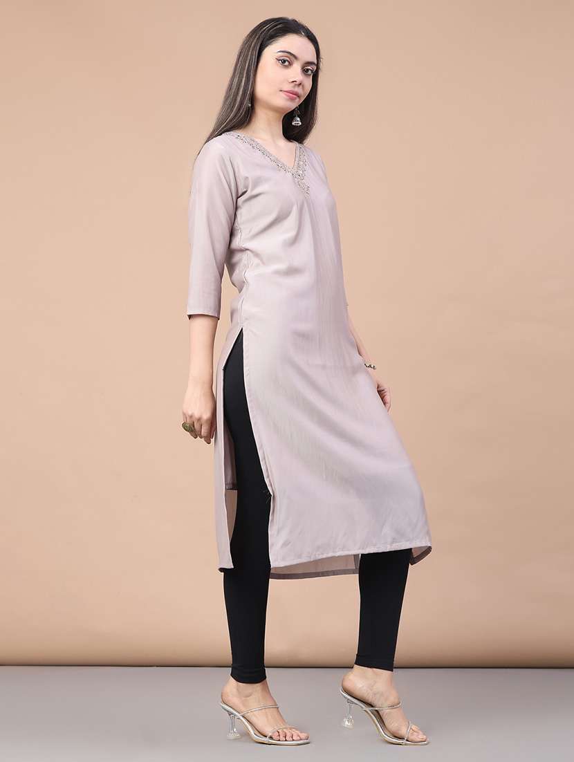 women solid with work three quarter sleeve straight kurta - 22035681 -  Standard Image - 3