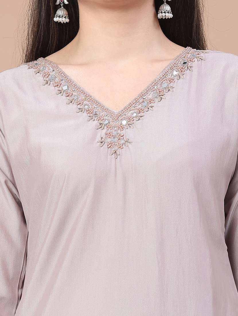 women solid with work three quarter sleeve straight kurta - 22035681 -  Standard Image - 5