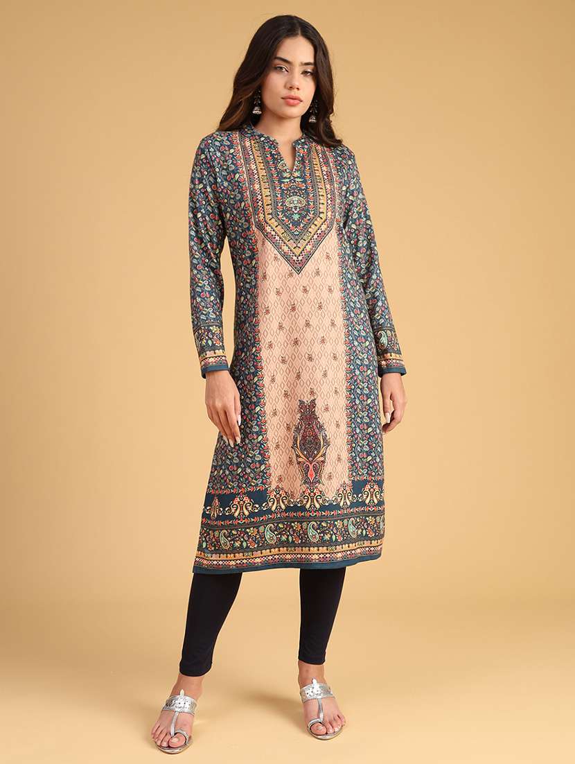 women self designed long sleeve woolen kurta