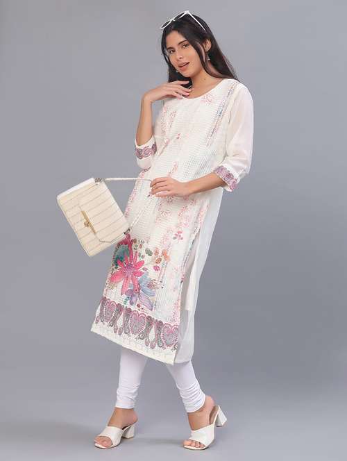 women floral three quarter sleeve straight kurta - 22035900 -  Standard Image - 0