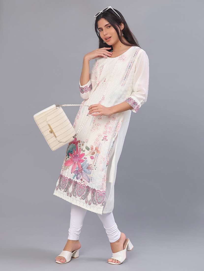 women floral three quarter sleeve straight kurta