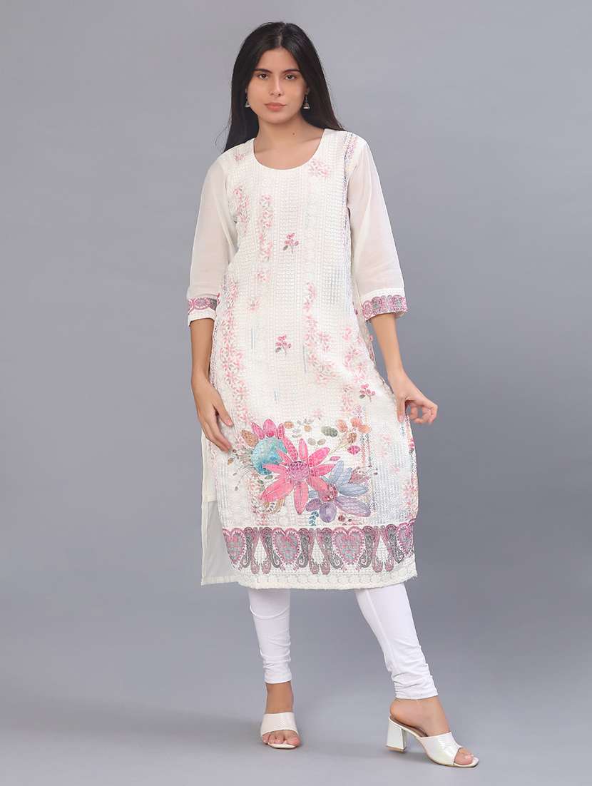 women floral three quarter sleeve straight kurta - 22035900 -  Standard Image - 3