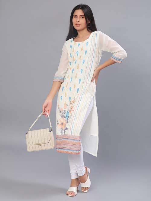 women solid with work three quarter sleeve straight kurta - 22035901 -  Standard Image - 0