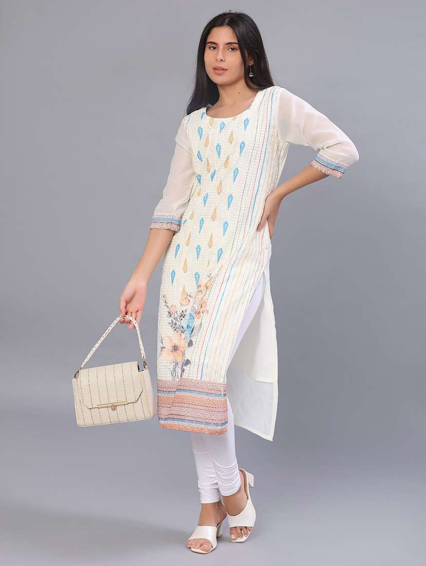women solid with work three quarter sleeve straight kurta