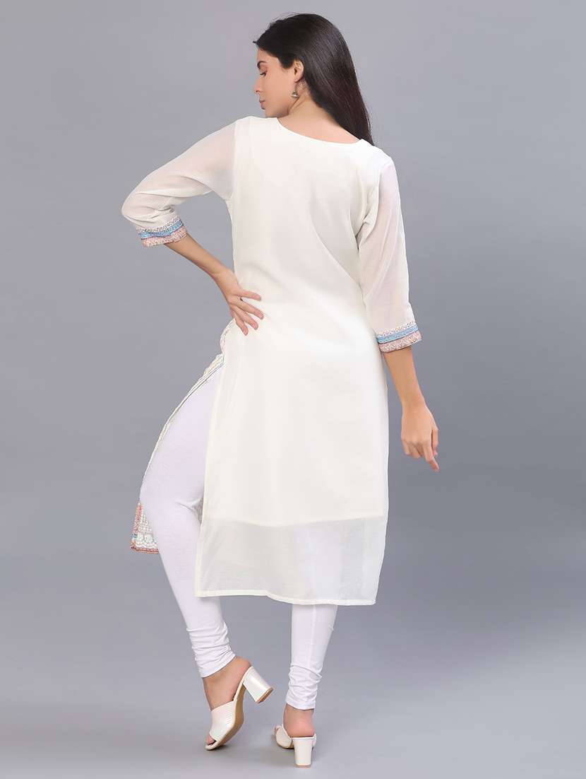 women solid with work three quarter sleeve straight kurta - 22035901 -  Standard Image - 3